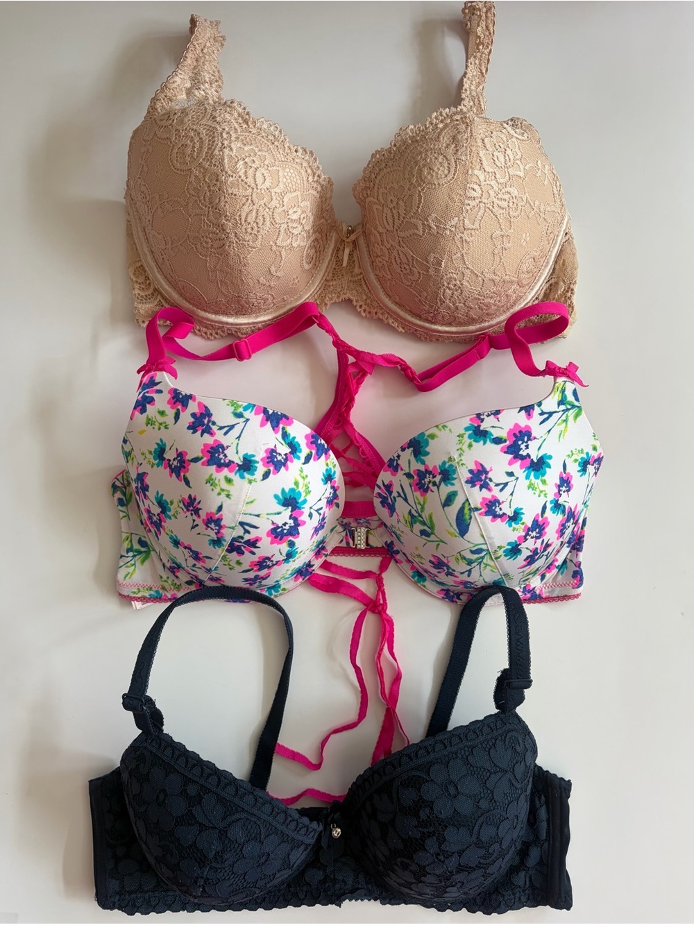 3 pack bundle value Floral & Lace Bra Set - Beige, Floral White, Black size 38B